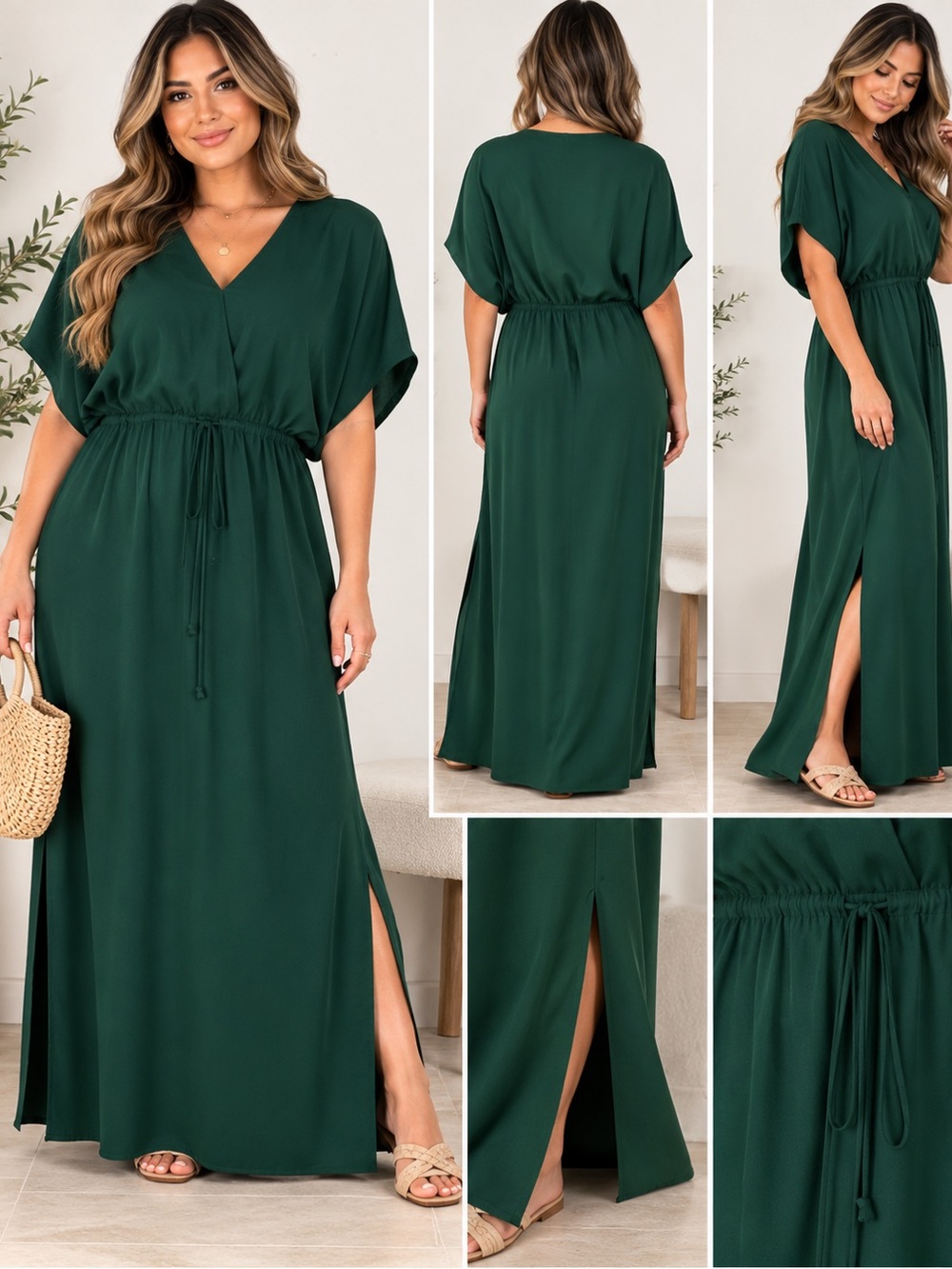 Forest Green V-Neck Drawstring Waist Maxi Dress XL